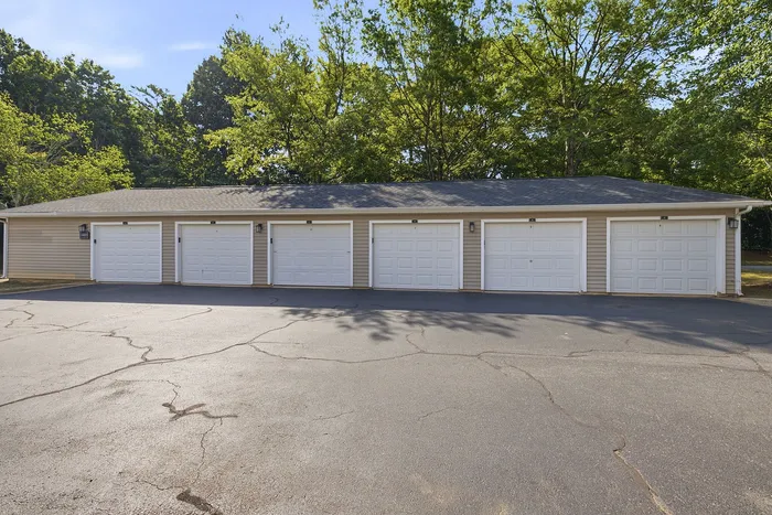 Charming exterior with multiple garage doors nestled in a serene, leafy setting.