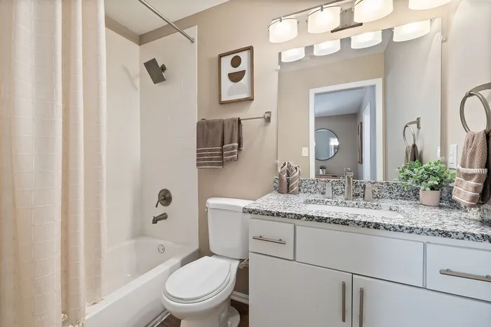 Chic bathroom with modern lighting, granite countertop, and elegant decor elements.