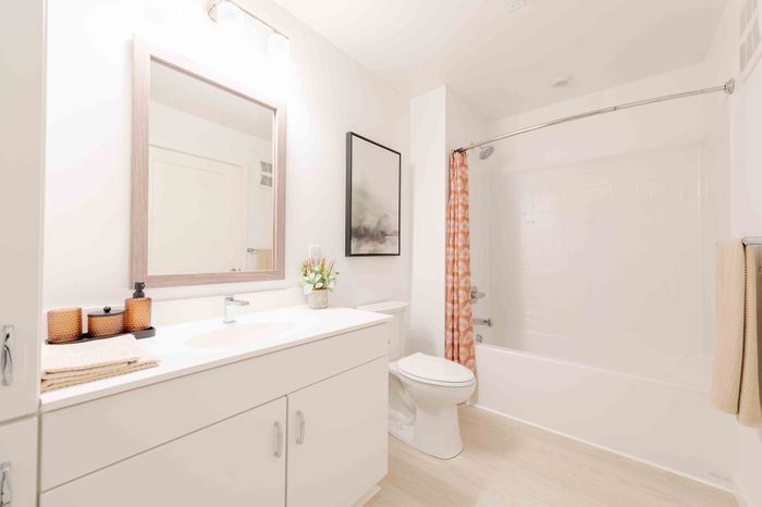 Bright and elegant bathroom featuring a modern sink vanity, stylish mirror, and inviting bathtub with a patterned curtain.