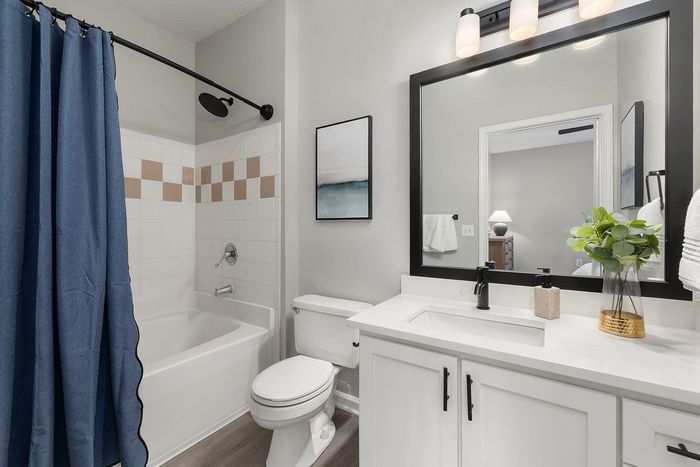 Elegant bathroom with modern design features a sleek sink, large mirror, and inviting bathtub with a stylish blue curtain, complemented by tasteful decor and soft lighting.