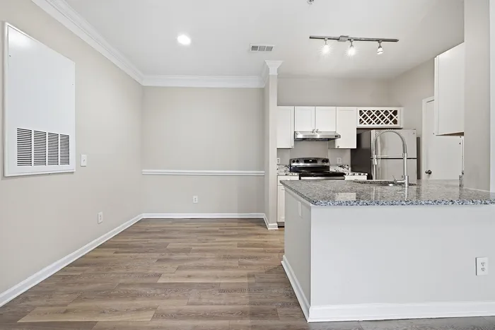 Modern kitchen with granite countertops, elegant cabinetry, and stylish track lighting in an open-concept space.