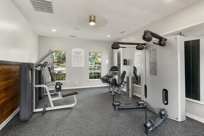 Modern fitness center with state-of-the-art exercise machines and natural light from large windows.