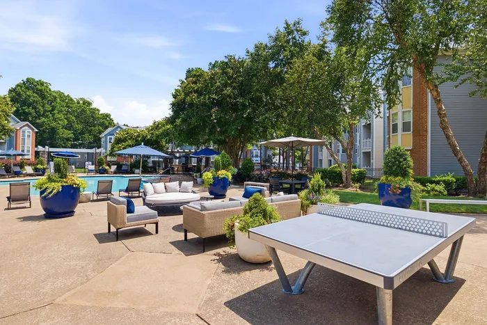 Vibrant outdoor living area with stylish patio furniture, lush greenery, and a sparkling swimming pool, all under a clear blue sky.