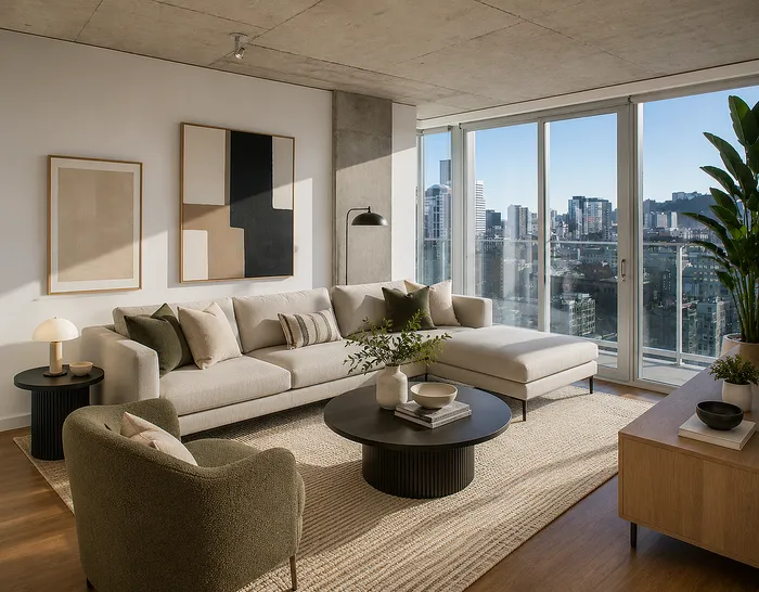 Modern, sunlit living room with chic decor, spacious seating, and stunning city views through floor-to-ceiling windows.