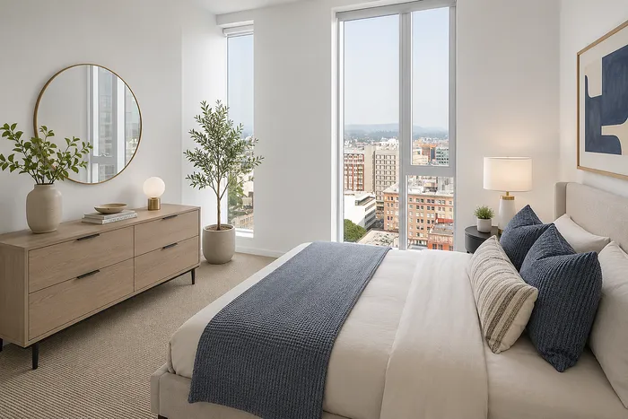 Elegant bedroom with panoramic city views, featuring a cozy bed, stylish dresser, and lush greenery.