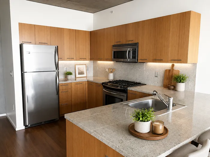 Modern kitchen with sleek stainless steel appliances, elegant wooden cabinets, and a polished granite countertop ideal for cooking and entertaining.