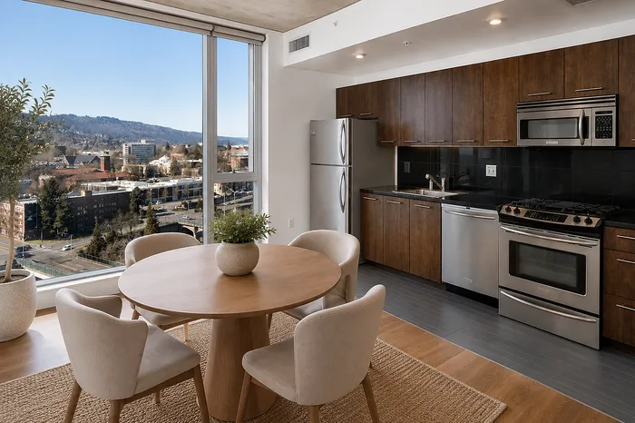 Modern kitchen with stainless steel appliances and open dining area, featuring large windows with stunning cityscape views.