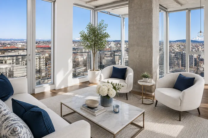 Modern urban living room with panoramic city views, featuring elegant white furniture, a sleek marble coffee table, and abundant natural light.
