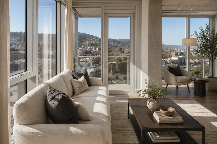 Modern urban living room with panoramic city views, featuring a plush sofa, chic armchair, and natural light flooding through large windows.