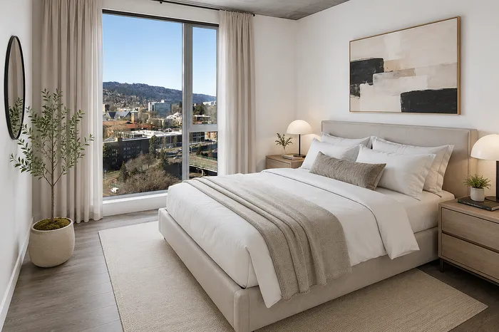 Elegant bedroom with contemporary decor, large window offering scenic city views, and cozy neutral bedding.
