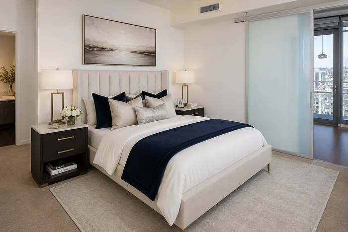 Elegant bedroom featuring a plush queen bed with stylish pillows, modern nightstands, and a scenic balcony view.