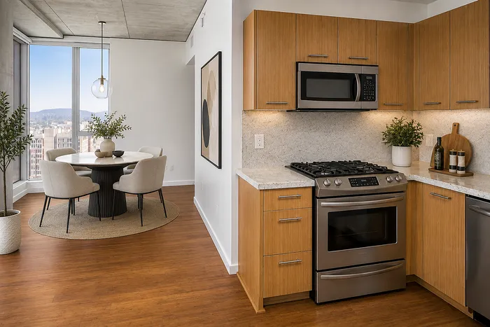 Elegant apartment kitchen and dining area with panoramic city views, featuring modern wood cabinetry, stainless steel appliances, and a cozy round dining table with plush chairs.