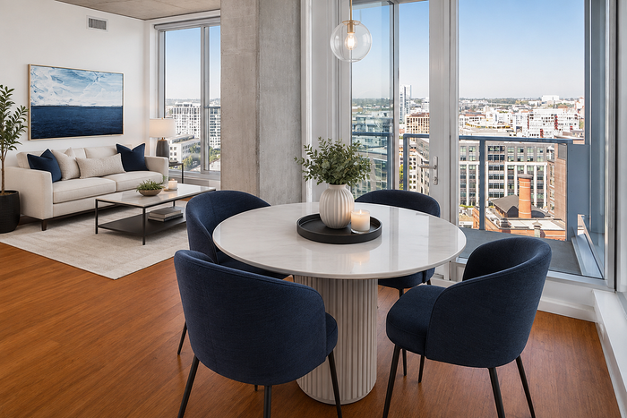 Chic urban apartment featuring a cozy living area with stylish decor, floor-to-ceiling windows, and a modern dining space overlooking a vibrant cityscape.