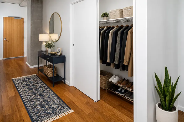 Elegant entryway with modern furnishings, showcasing a sleek console table, stylish open wardrobe, and vibrant indoor plant on polished wood flooring.