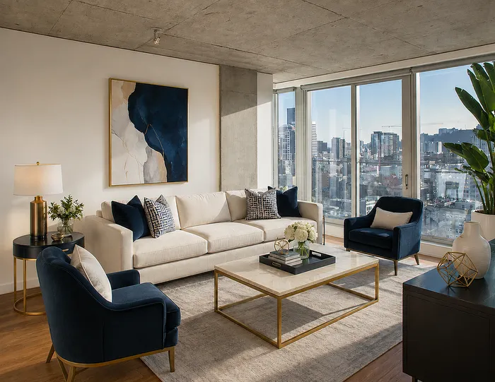 Bright, modern living room with floor-to-ceiling windows offering stunning city views, elegant furniture, and stylish decor.