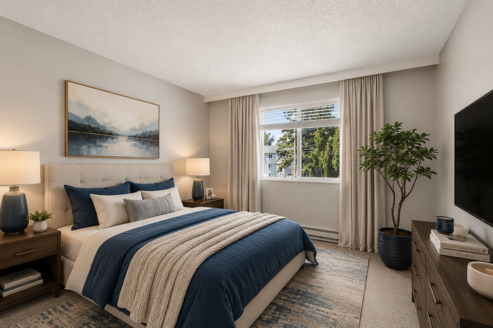 Inviting bedroom with a luxurious bed, elegant decor, and large window for natural light, perfect for relaxation.