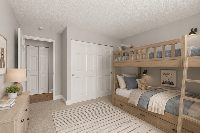 Charming bedroom featuring modern wooden bunk beds with cozy linens, ample closet space, and a warm, inviting atmosphere.