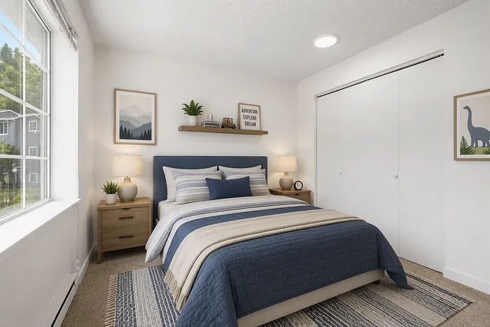 Inviting bedroom with a plush bed, cozy striped bedding, natural light pouring through large windows, and tasteful decor creating a serene ambiance.