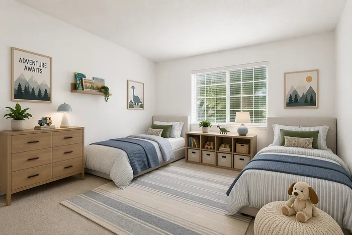 Charming and spacious children's bedroom with twin beds, modern decor, and abundant natural light.