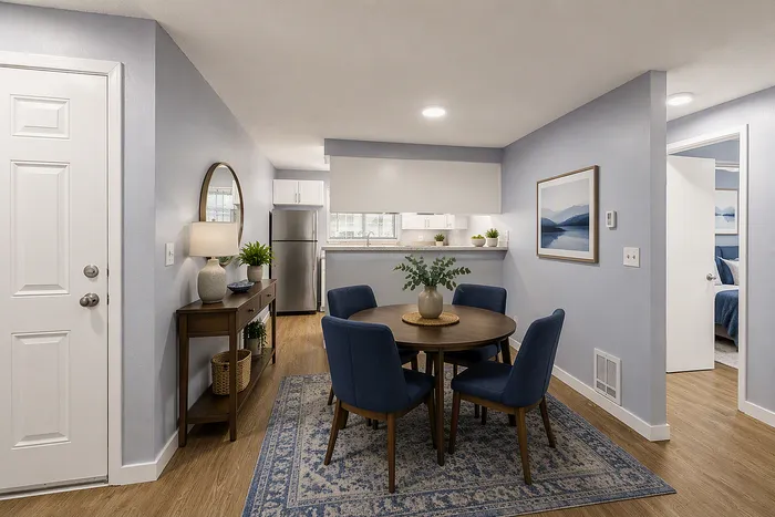 Bright, modern dining room with elegant table and chairs, vibrant decor, and open layout leading to a stylish kitchen.