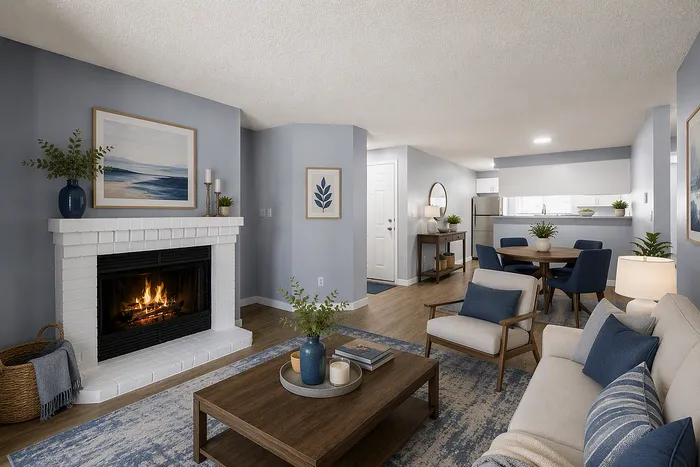 Inviting living room with cozy fireplace, elegant decor, and open kitchen dining area in modern apartment.