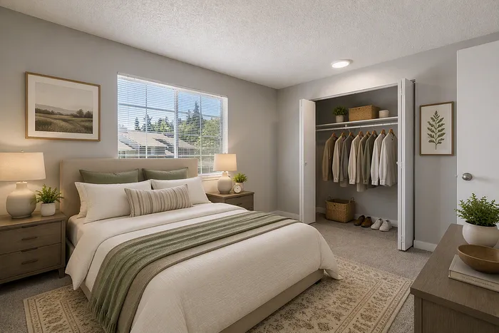 Inviting bedroom with a cozy ambiance, featuring a plush bed, elegant decor, and spacious closet for ultimate comfort.