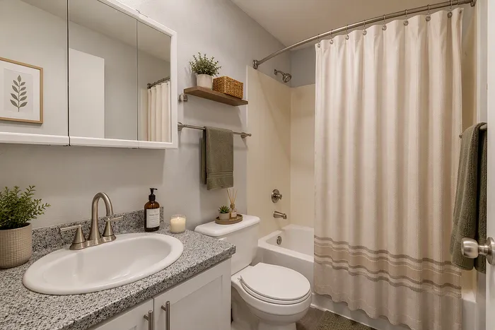 Modern bathroom with a sleek vanity, granite countertop, and elegant decor including a framed leaf print and potted plants.