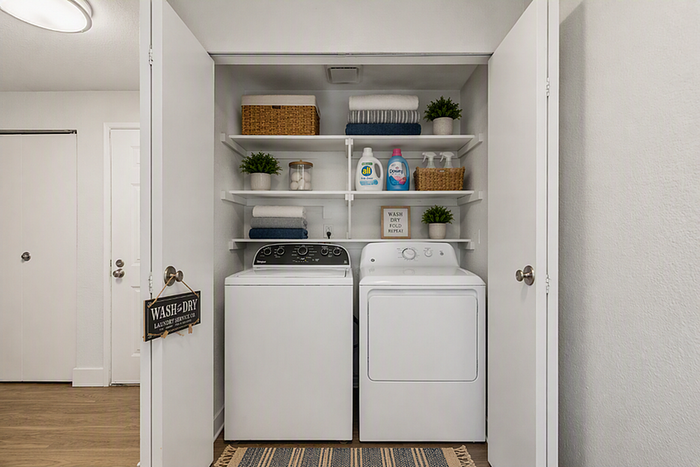 Chic laundry space with modern washer and dryer, elegant shelving stocked with essentials, and stylish decor accents.