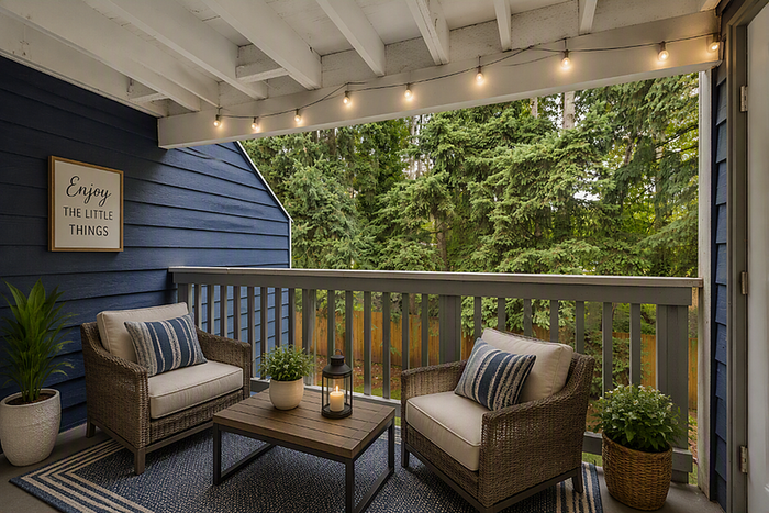 Charming covered patio with cozy wicker chairs, a wooden coffee table, and lush forest views, perfect for relaxing.