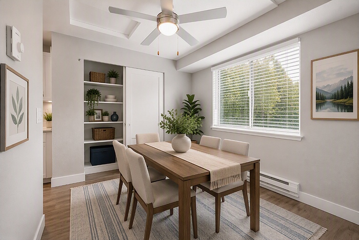 Bright dining room with elegant wooden table, plush chairs, and lush greenery, complemented by a large window with a serene outdoor view.