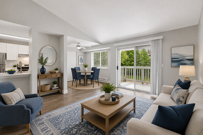 Bright and inviting open-plan living area with elegant blue accents, featuring a cozy seating arrangement, stylish dining space, and modern kitchen with sleek appliances, enhanced by abundant natural light and a view of lush greenery through sliding glass doors.