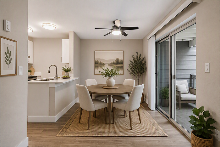 Chic dining area in modern apartment with round table, elegant chairs, and open kitchen concept, featuring sliding glass doors leading to a cozy outdoor patio.