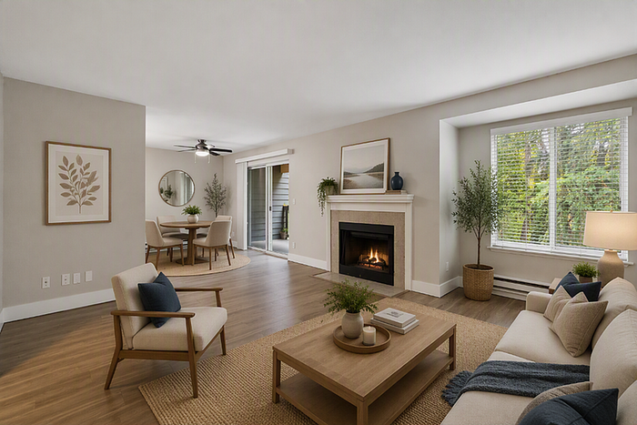Stylish living room with cozy fireplace, modern furniture, and large windows inviting natural light; adjacent to an elegant dining area with a view of greenery.
