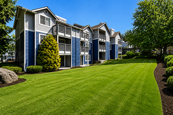 Charming apartment building with elegant blue and white facade, set amidst lush green lawns and mature trees, offering tranquil living.
