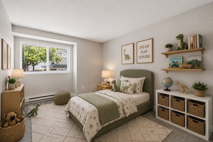 Charming kids' bedroom with dinosaur-themed decor, cozy bed with plush pillows, and ample natural light pouring through a large window.