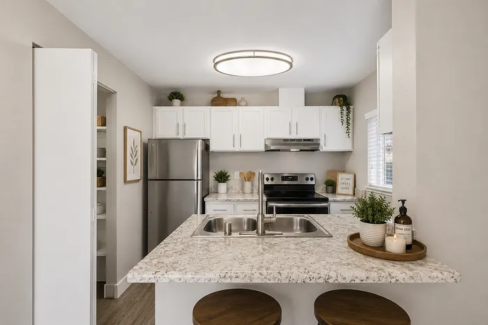 Inviting modern kitchen with sleek stainless steel appliances, elegant white cabinets, and a chic breakfast bar with decorative plants.