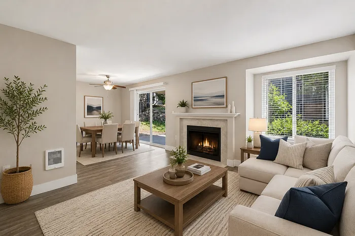 Inviting open-concept living and dining area with cozy fireplace, plush beige sofa, and elegant wooden dining set, showcasing a harmonious blend of comfort and style.