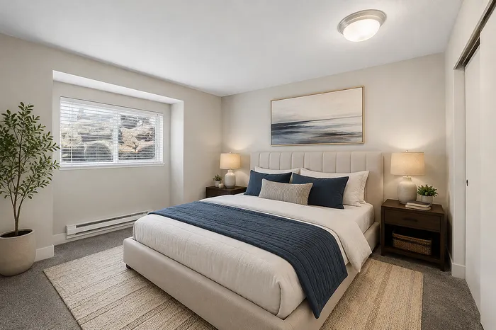 Elegant bedroom featuring a plush bed with navy accents, ambient lighting, and stylish decor for a cozy retreat.