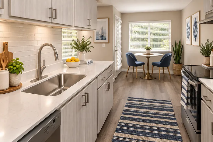 Bright, contemporary kitchen with sleek cabinetry, stainless steel fixtures, and cozy dining nook with garden views.