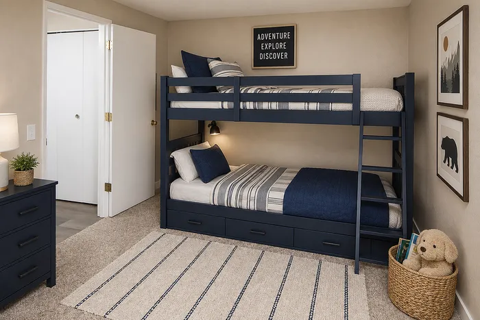 Inviting bedroom with stylish navy bunk beds, cozy decor, and playful accents, perfect for kids' adventures.