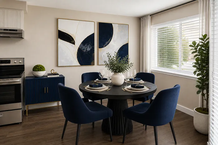 Elegant dining area featuring a modern round table with stylish blue chairs, contemporary art on the wall, and ample natural light from a large window.