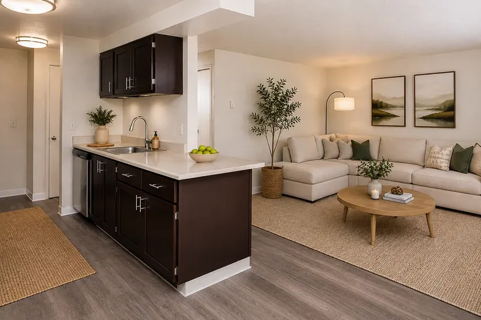 Elegant open-concept living space with a chic kitchen and cozy lounge area, featuring rich wooden cabinetry and modern decor.