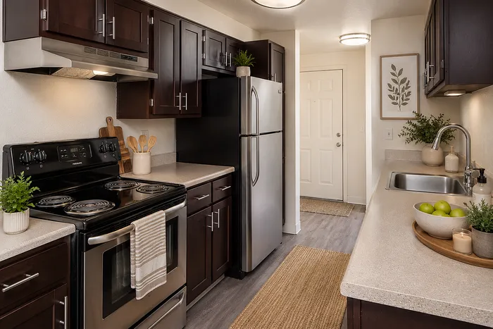 Elegant kitchen featuring dark wood cabinets, stainless steel appliances, and chic decor. Bright and inviting ambiance with modern lighting and stylish countertop accents.