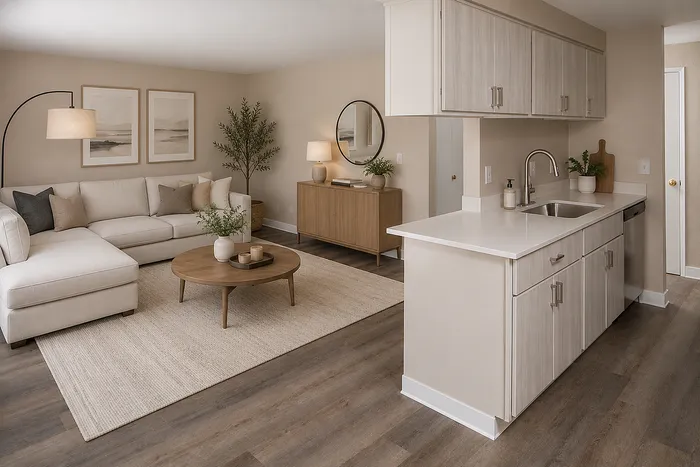 Inviting open-concept living room with modern kitchen, featuring a cozy beige sofa, chic wooden accents, and lush greenery.