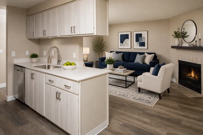 Chic open-concept living space with modern kitchen, stylish decor, and cozy fireplace, ideal for contemporary living.