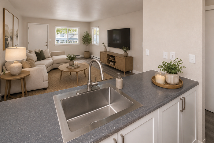Inviting open-concept living room with sleek kitchen counter, cozy seating area, and stylish decor.