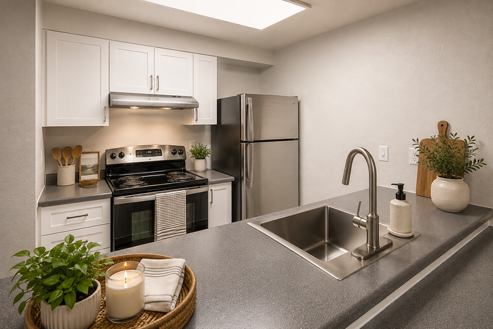 Elegant modern kitchen with sleek stainless steel appliances, chic white cabinetry, and polished countertop adorned with plants and a scented candle.