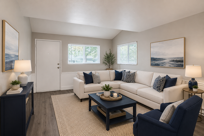 Inviting modern living room with a plush white sectional sofa, elegant blue accents, and abundant natural light for a cozy ambiance.
