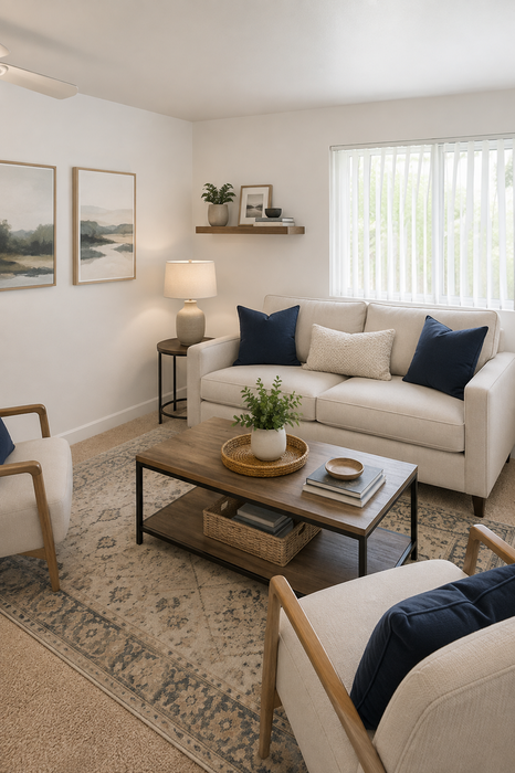 Cozy, elegantly furnished living room featuring a beige sofa, modern armchairs, and a stylish coffee table with tasteful decor accents.