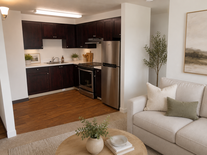 Inviting open-plan kitchen with rich wood cabinets and stainless steel appliances, adjacent to a cozy living room with plush sofa.